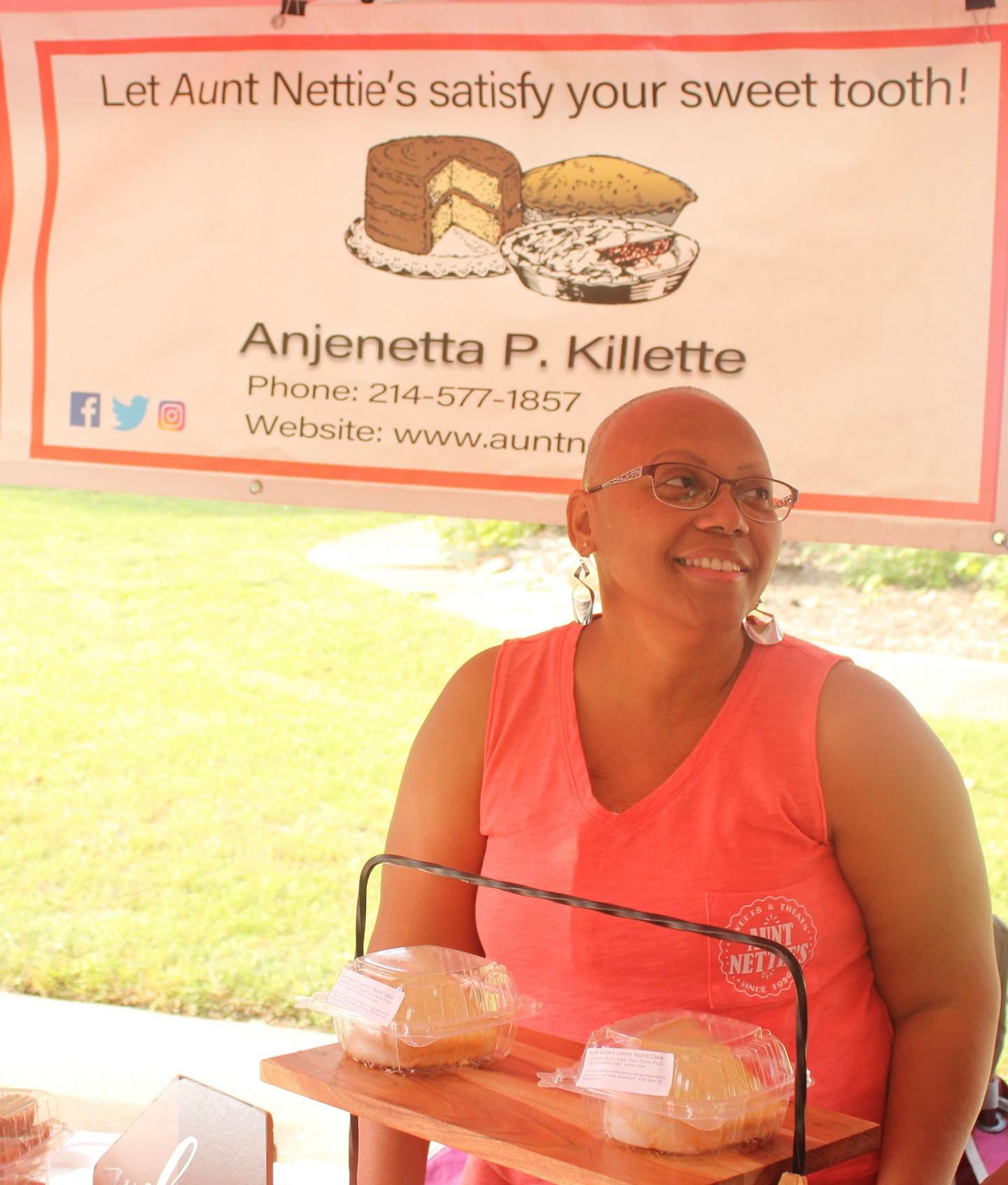 Aunt Nettie's Sweets stall proudly displaying classic Southern cakes and treats
