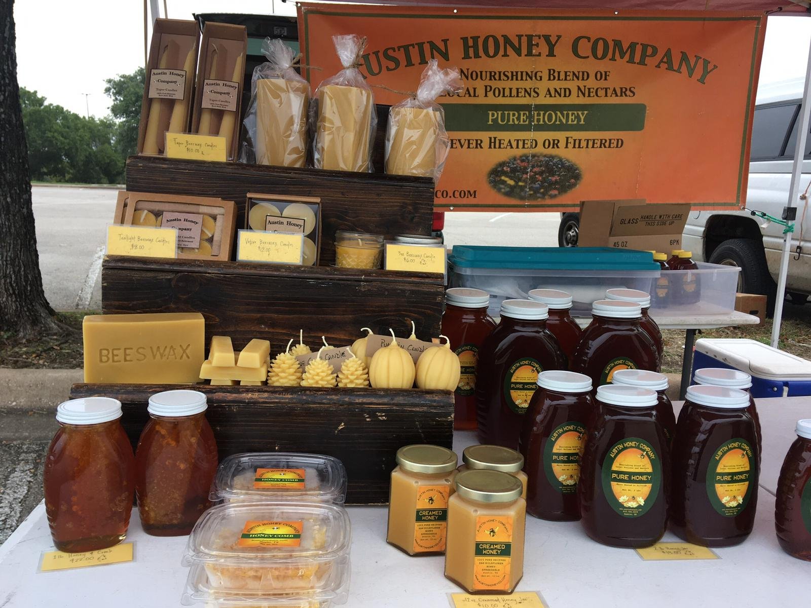 Austin Honey Company product display at Texas Farmers Market